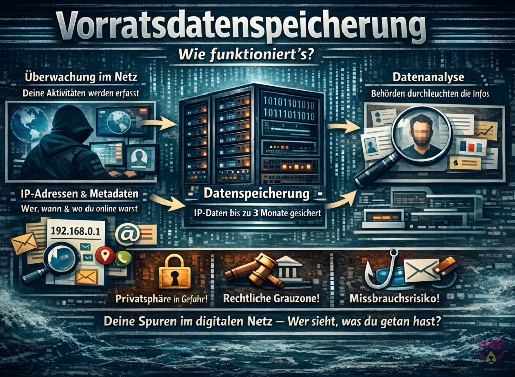 Infografik zur Vorratsdatenspeicherung in Deutschland: Erklärung von IP-Adress-Speicherung, Datenanalyse durch Behörden sowie Risiken für Privatsphäre, Grundrechte und digitale Freiheit.